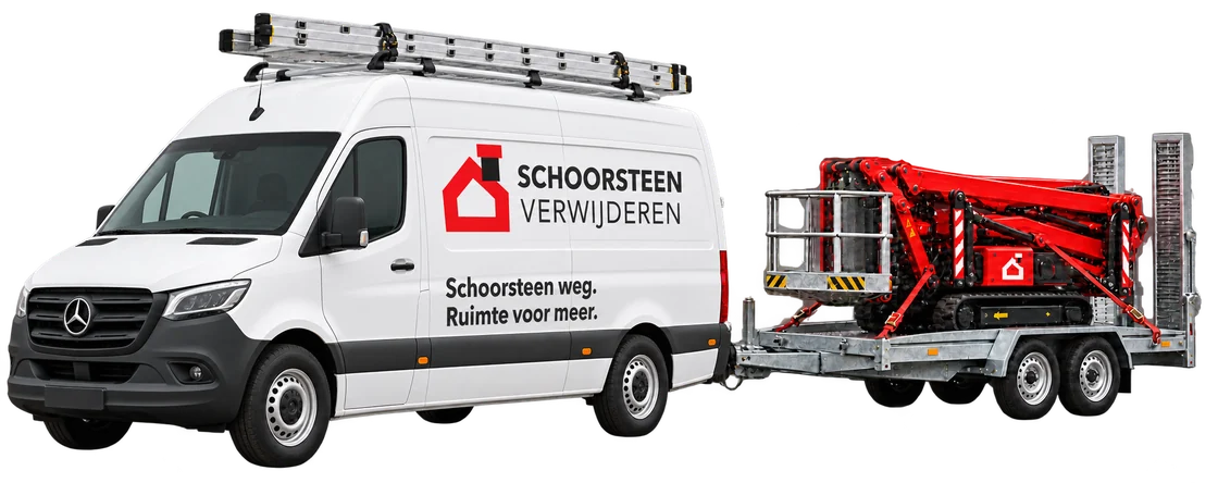 Illustratie van een Mercedes Sprinter met het Schoorsteen Verwijderen-logo en de slogan Schoorsteen weg. Ruimte voor meer. Met een ladder op de dakdrager en een rupshoogwerker op de aanhanger.